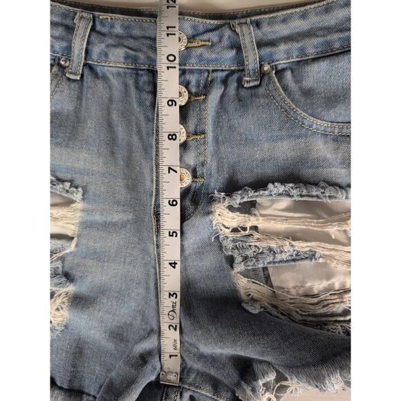 Women's Blue Denim Shorts American Flag Distressed Cut-Off USA Cheeky Size Small - Picture 8 of 9